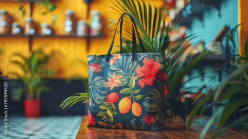 Vibrant reusable grocery tote with tropical fruit and floral design in a cozy cafe setting