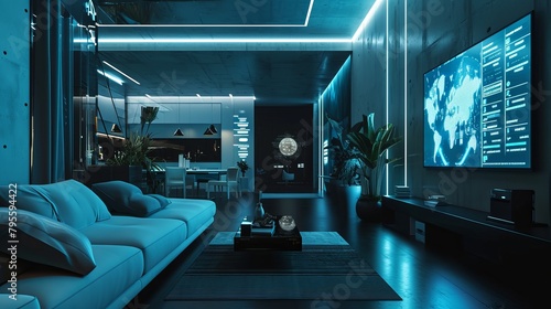 Futuristic High-Tech Living Room with Neon Blue Lighting and Elegant Furniture