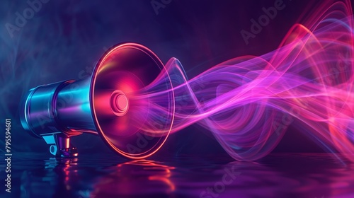 Neon purple and pink loudspeaker with dynamic sound waves on a smooth backdrop