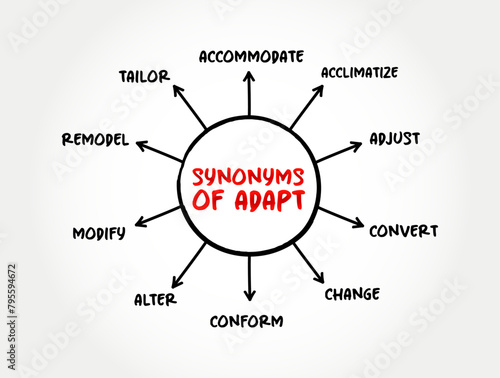 Synonyms of Adapt - become adjusted to new conditions, mind map text concept background