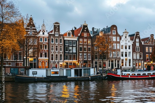  Scenery of Amsterdam skyline with its typical canal houses, Ai generated