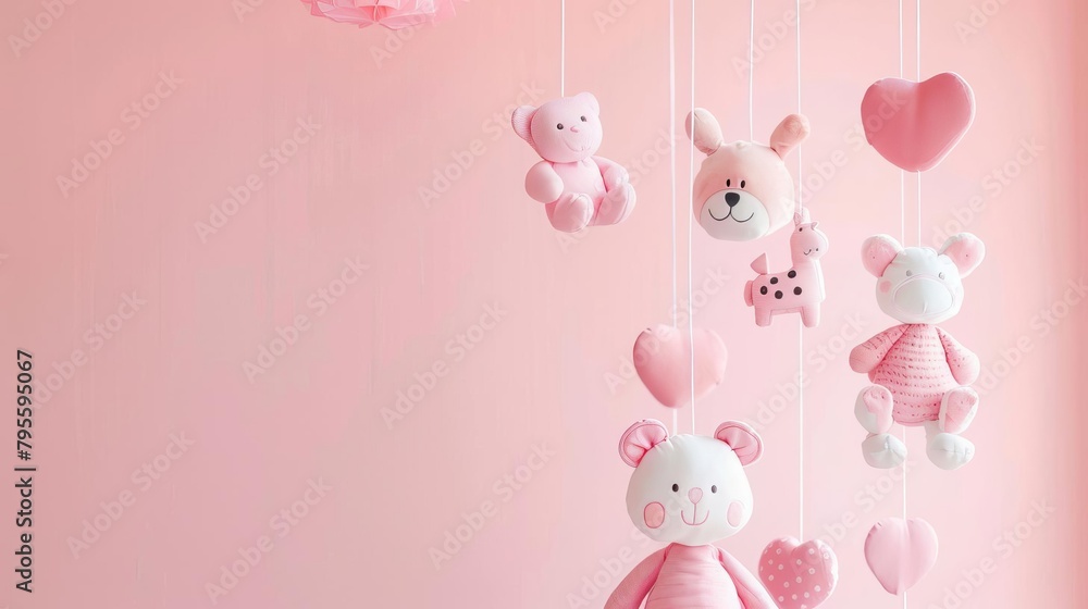 adorable baby mobile with cute animals hanging from strings soft pink background nursery decor concept