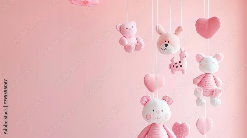 adorable baby mobile with cute animals hanging from strings soft pink background nursery decor concept adorable baby mobile with cute animals hanging from strings soft pink background nursery decor concept