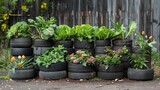Urban gardening with salvaged tire planters featuring vibrant vegetables and flowers