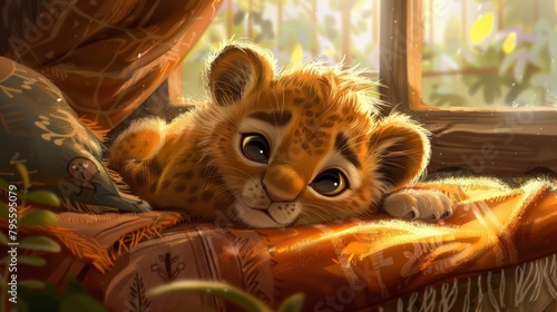 adorable baby lion cub in cozy home setting cute animal illustration digital art