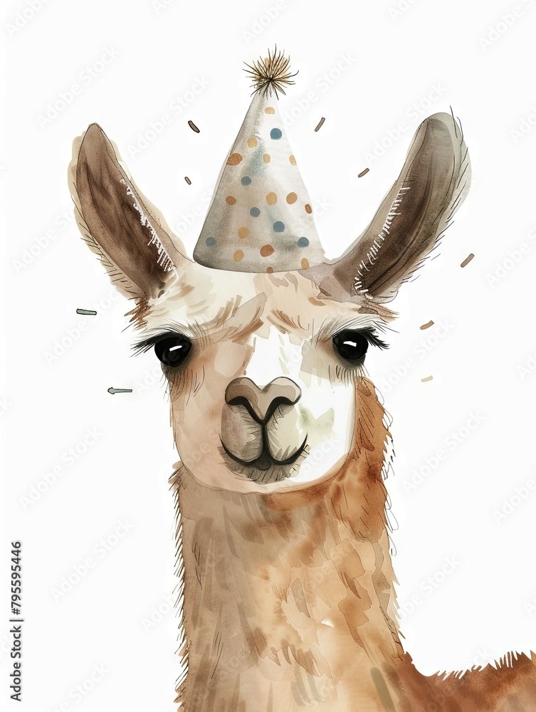 Naklejka premium Minimalist Watercolor Llama Celebrates in Style with Party Hat