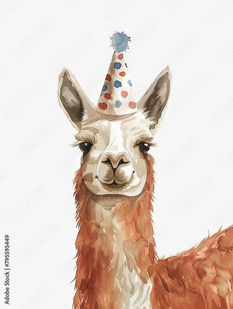 Fototapeta premium Minimalist Watercolor Llama Donning a Party Hat for Celebratory Decor