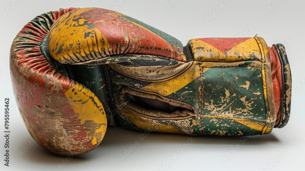 Close-up of a vintage, weathered leather boxing glove, showcasing rich textures and colors