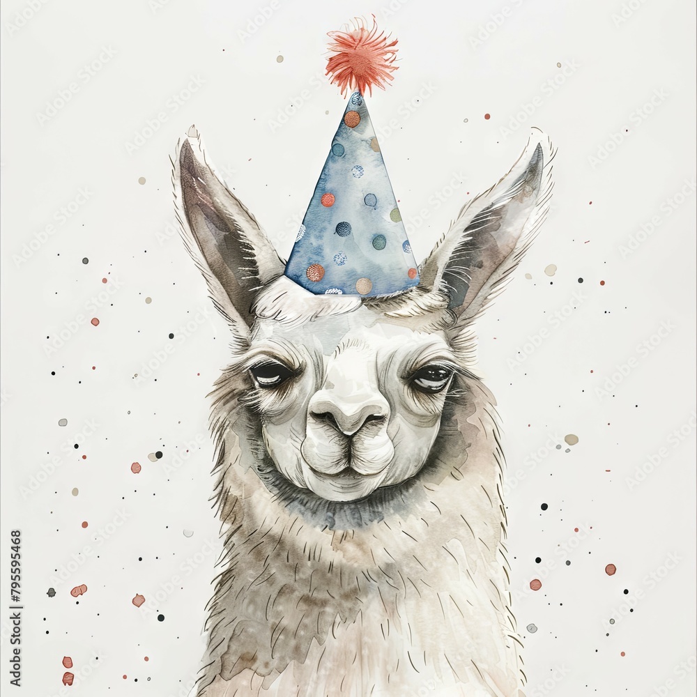 Fototapeta premium Minimalist Watercolor Llama Wearing a Party Hat for Jovial