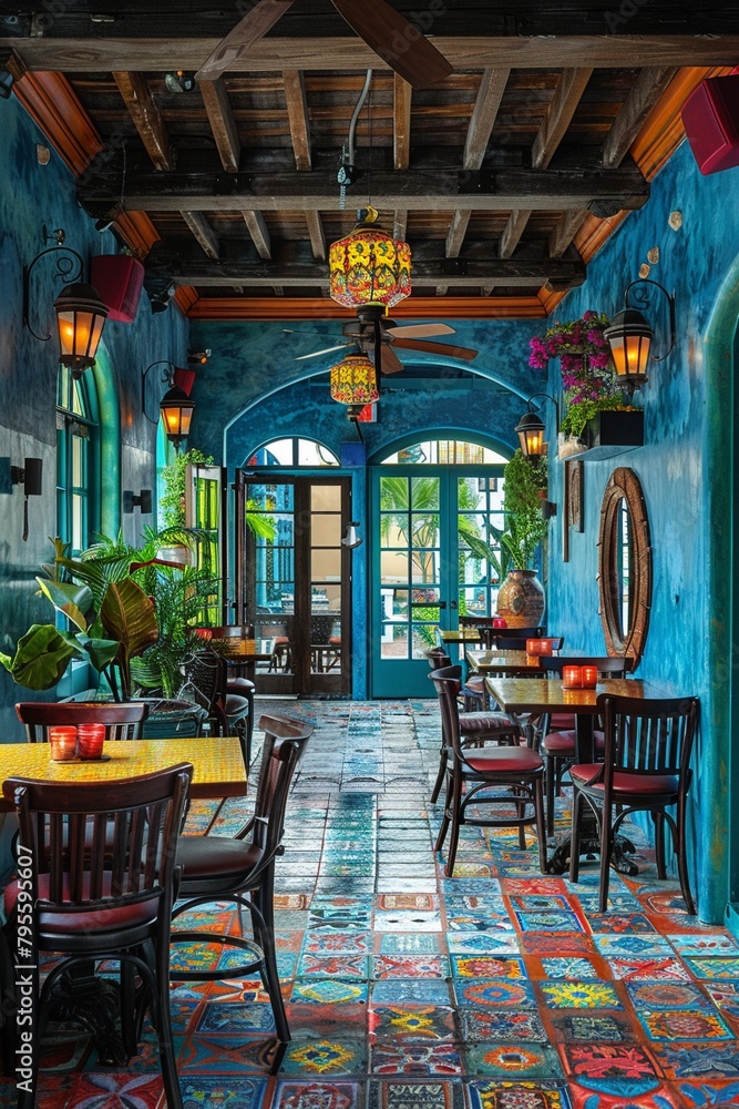 Fototapeta premium Create a Mediterraneaninspired restaurant interior with bright colors, mosaic tiles, and wrought iron accents to evoke a seaside dining experience 8K , high-resolution, ultra HD,up32K HD