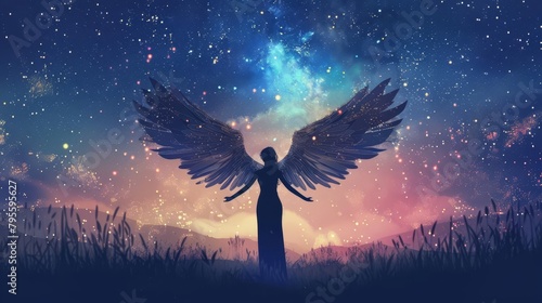 angelic messenger woman with wings spreading arms under starry night sky concept illustration © Bijac