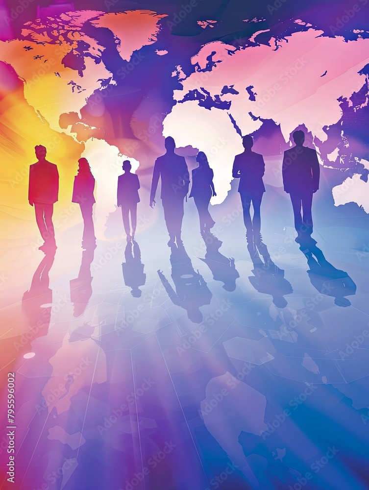 Global business team silhouettes on vibrant world map with copy space for branding or marketing concept
