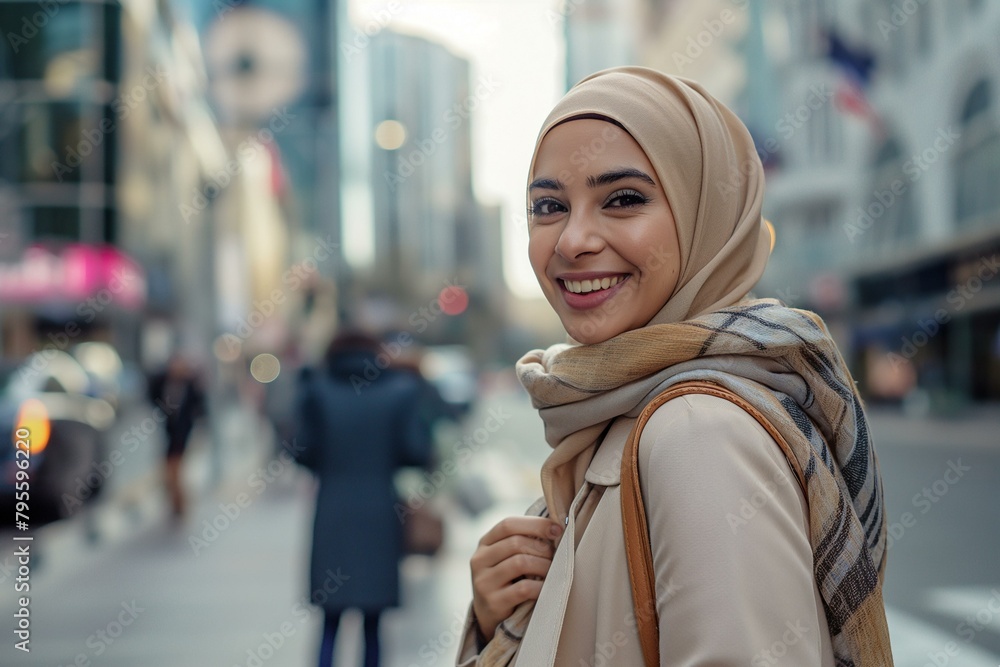 Fashionable Young Woman with Hijab Smiling on Busy City Sidewalk Fashionable Young Woman with Hijab Smiling on Busy City Sidewalk
