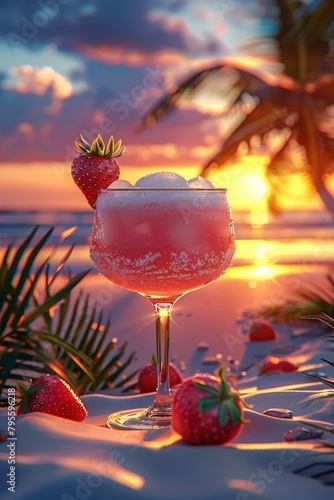 Create a vintagestyle 3D illustration of a frozen cocktail on a sandy beach, with palm trees swaying in the background and a sunset sky 8K , high-resolution, ultra HD,up32K HD photo