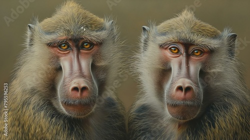 Detailed Portrait of Two Hamadryas Baboons Showing Expressive Eyes and Vivid Fur Colors photo