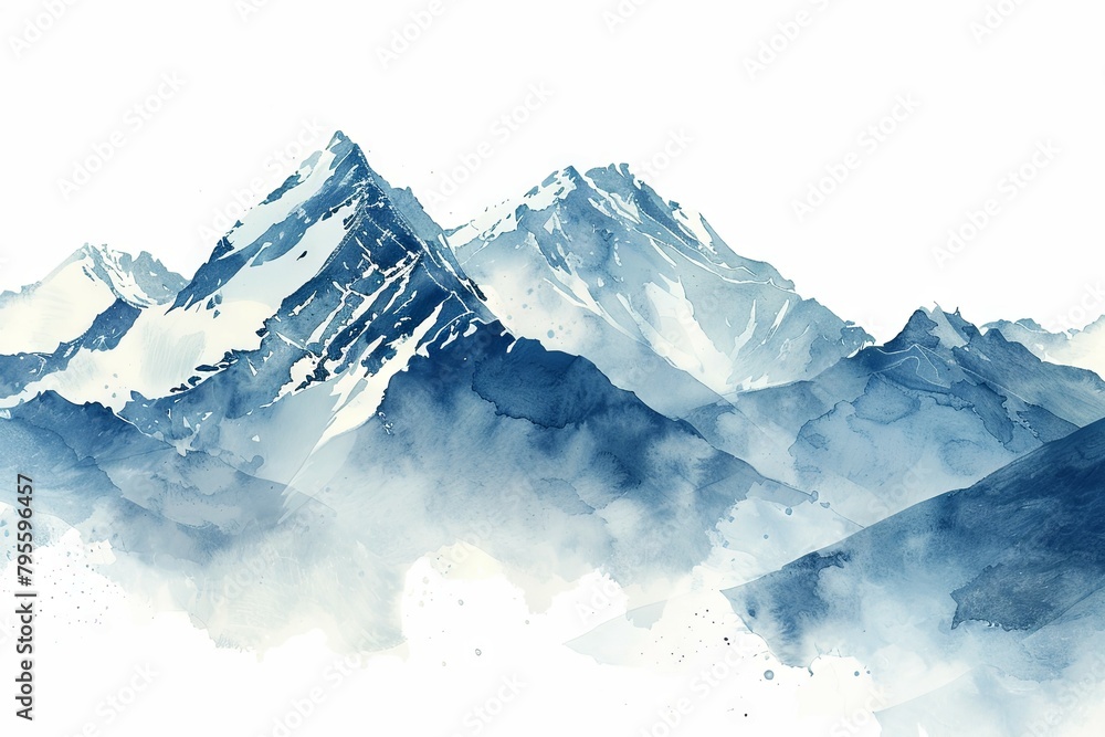 Majestic Minimalist Watercolor Snowy Mountain Peaks in Serene Monochromatic Landscape with Misty Atmosphere and Ample Copy Space for Wallpaper or