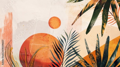 Creative collage with tropical palm leaves  flowers and geometric shapes. Modern contemporary art.