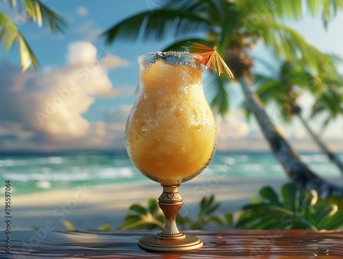 Design a 3D illustration of a frozen cocktail in a vintage glass, with a tropical beach setting and palm trees in the background 8K , high-resolution, ultra HD,up32K HD