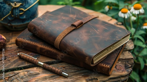 Vintage leather travel journal resting on an old wooden stump in nature