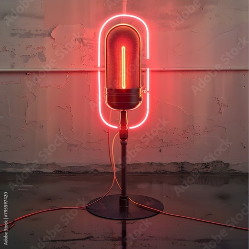 Neon-Lit Microphone Frequencies in Constructivist Propaganda Poster Style Photography photo