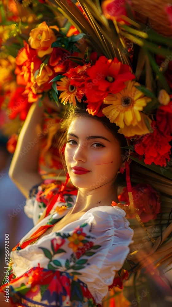 Vibrant Floral Headpiece Adorning Woman in Folkloric