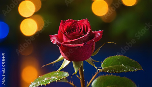 A single red rose covered in glistening water droplets