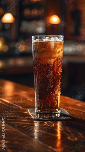 Frosty Glass of Fizzy Brown Soda on Wooden Bar Table in Dimly Lit Restaurant or Pub Setting