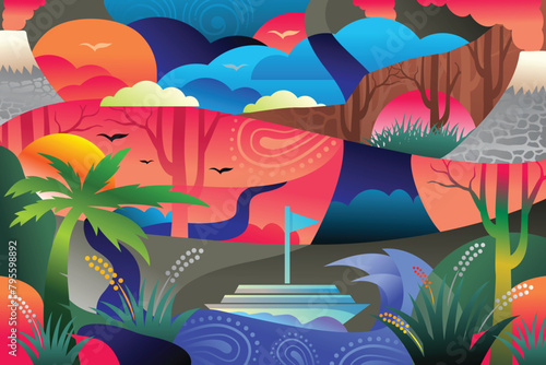 Illustration design abstract vector with panorama and sea concepts in gradient color