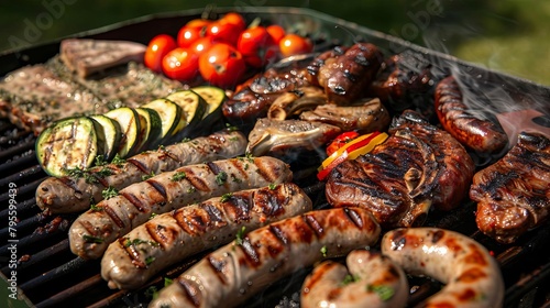 delicious grilled meat sausages and vegetables on large green backyard grill summer barbecue food photo