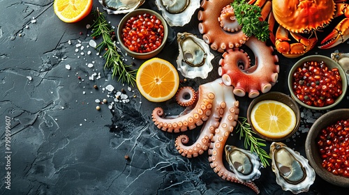 Beautiful seafood with vegetables and herbs on a dark stone background. Food advertising. Banner, menu. photo