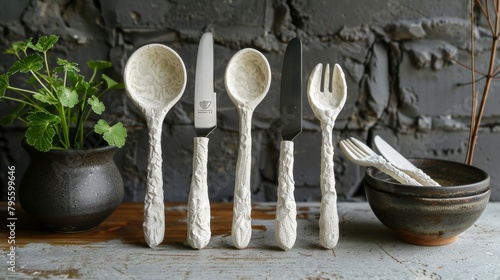 Eco-friendly cutlery made from mycelium displayed on a wooden board in a rustic setting