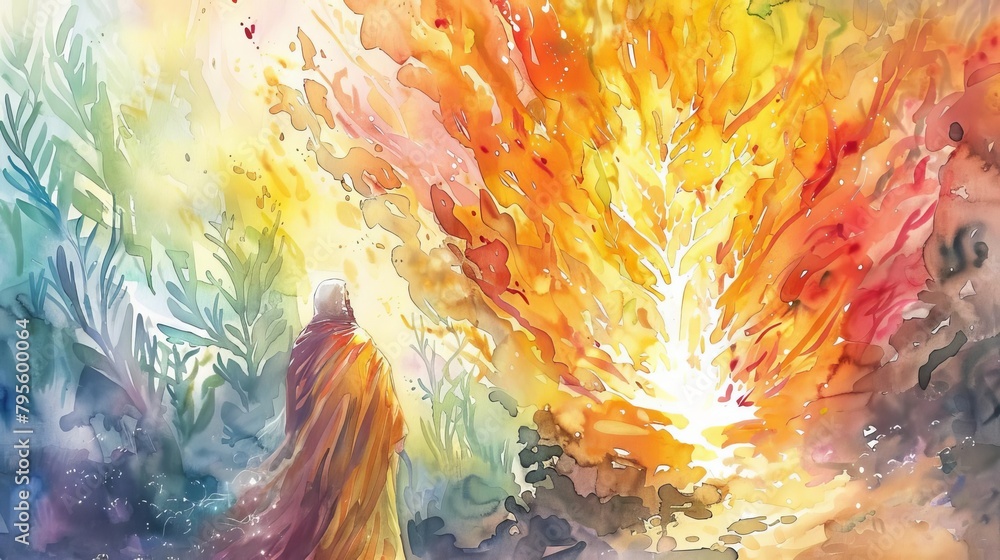 divine encounter vibrant watercolor depiction of moses and the burning