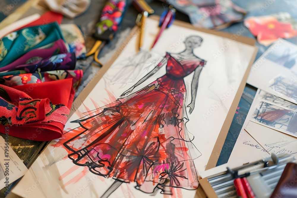Fototapeta premium Fashion dress sketches and fabric swatches in workshop from above view. Concept Fashion Design, Dress Sketches, Fabric Swatches, Workshop, Above View