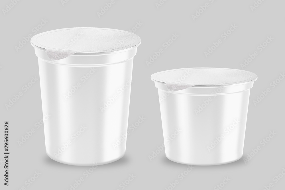 Set of Plastic container for dairy foods with foil lid isolated on background with clipping path. Yogurt container mockup. side view, 3d rendering. Set of Plastic container for dairy foods with foil lid isolated on background with clipping path. Yogurt container mockup. side view, 3d rendering.