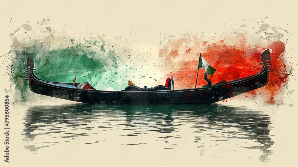 Traditional Venetian gondola against a vibrant abstract backdrop, capturing the essence of Italy