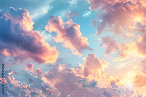 Majestic real sunrise or sundown sky background with gentle colorful clouds in a panoramic, large-scale format © New Robot