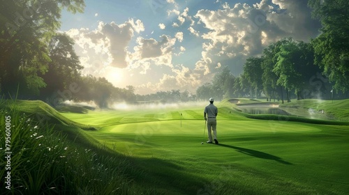 golf player, ball, outdoor golf field at sunny day