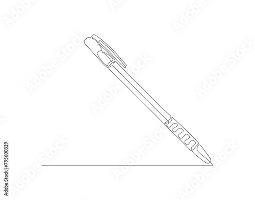 Continuous line drawing of pen. One line of ballpoint. Education concept continuous line art. Editable outline.