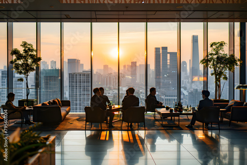 Stylish business lounge with panoramic view of the city, affluent professionals networking in the foreground  photo