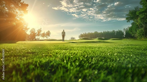 golf player, ball, outdoor golf field at sunny day photo