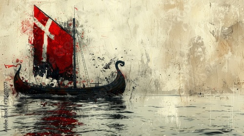 Vintage Viking longship with distressed artistic background, wooden surface