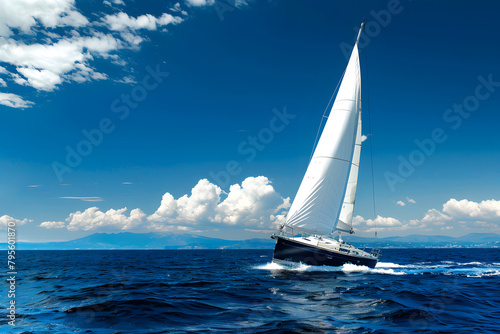 Sailboat cutting through blue ocean waters, white sails billowing against clear sky, sense of luxury and adventure
