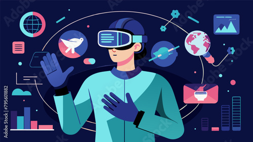 A person wearing a virtual reality headset and gloves immersed in a digital world while their cognitive data is being collected and analyzed by.