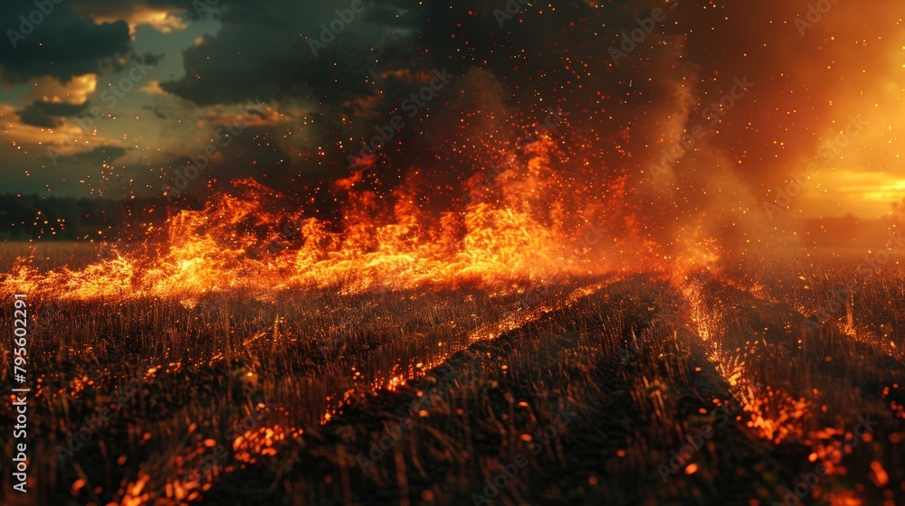 Fiery Explosion in Dry Grass Field at Sunset Emitting Sparks and Flames