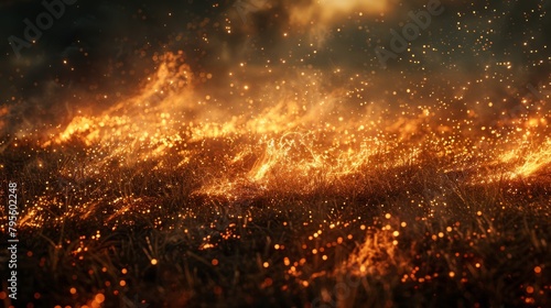 Fiery Explosion in Dry Grass Field at Sunset Emitting Sparks and Flames photo
