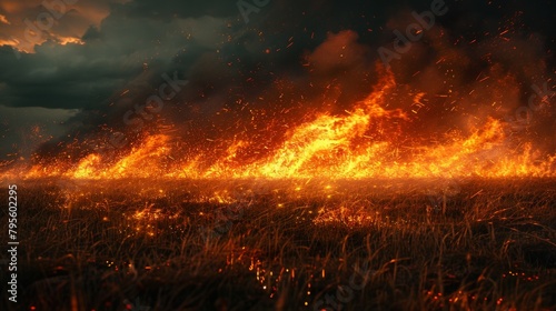 Fiery Explosion in Dry Grass Field at Sunset Emitting Sparks and Flames