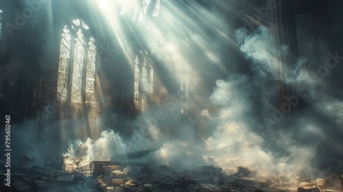 Dramatic sunlight breaks through smoke over the ruins of a majestic cathedral photo