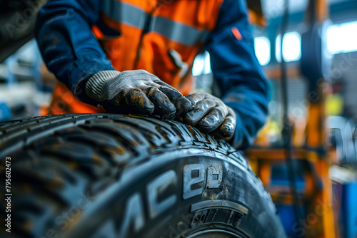 Close-up of mechanic's hands with tool changing car tire in a workshop, tires and equipment in the background 