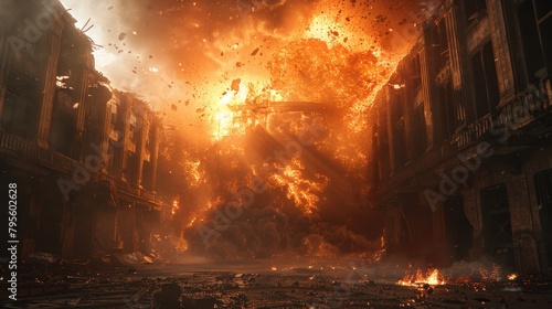 Catastrophic explosion in urban building creating a dramatic scene