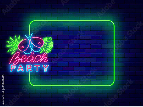 Beach party neon announcement. Shiny holiday promotion. Empty green frame and typography with butterfly and tropical leaves. Season celebration. Editable stroke. Vector stock illustration